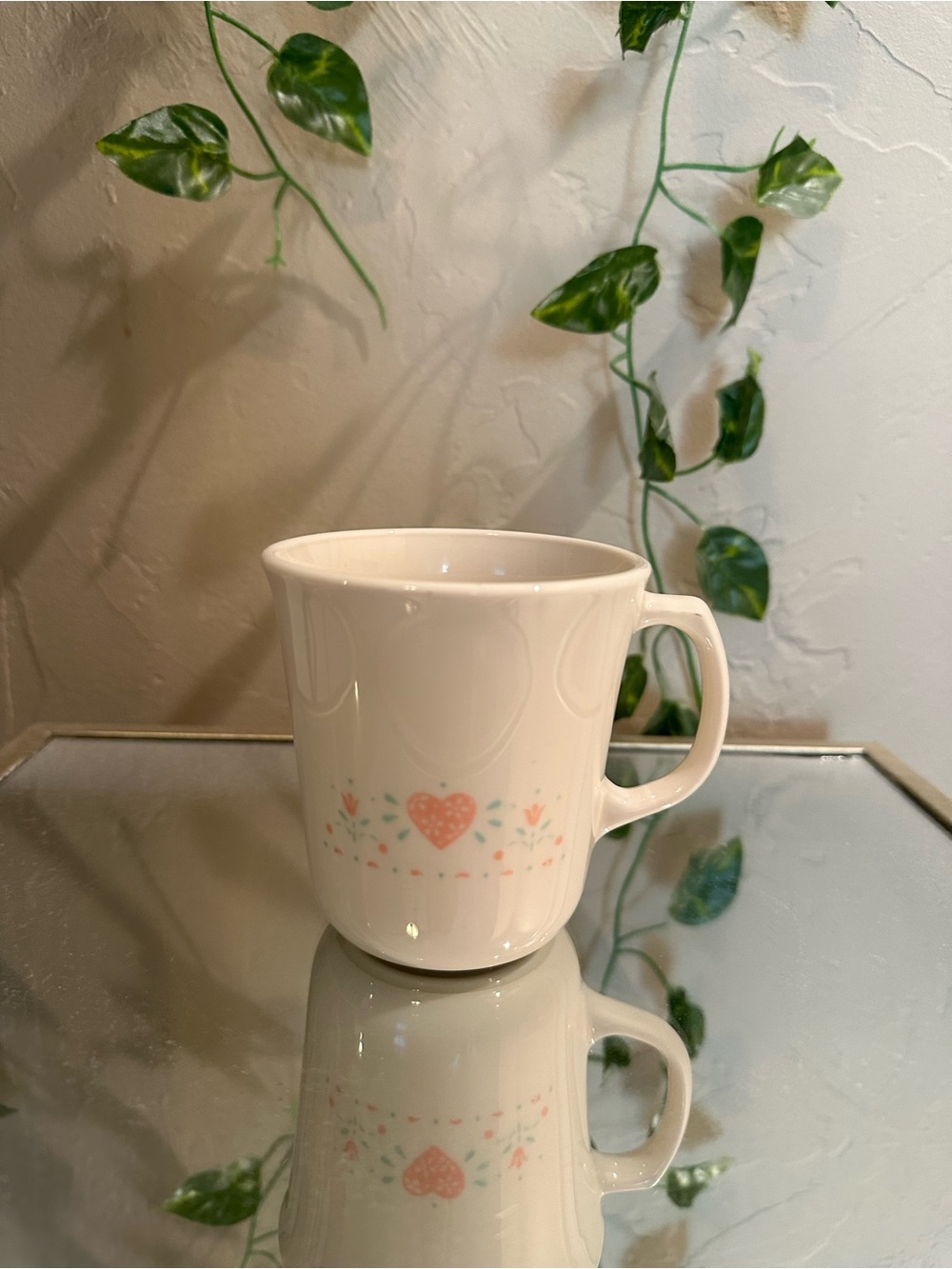 Corningware White Mug with Pink Heart and Pastel Floral Trim
